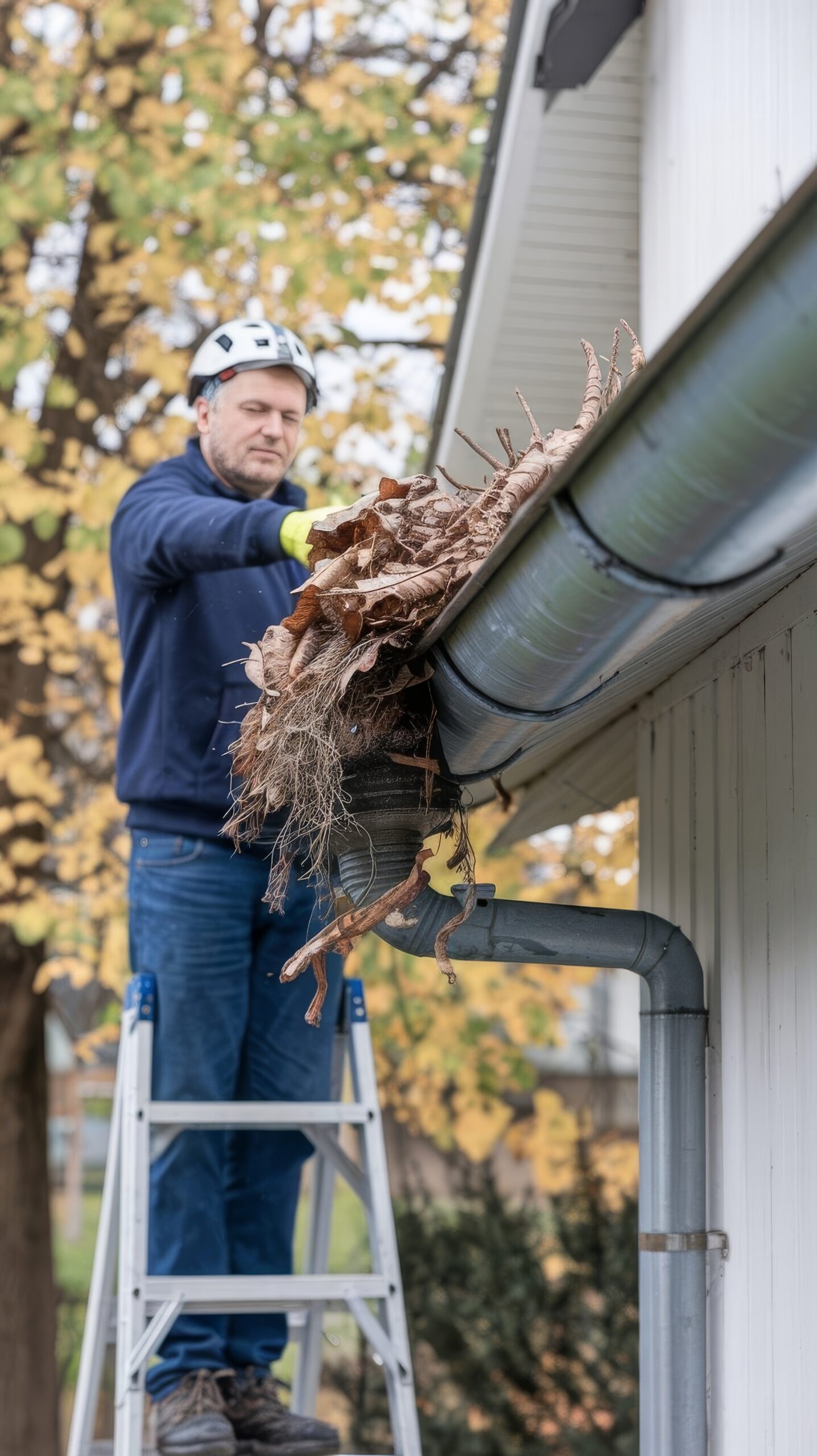 man cleans gutter drnpipe from dry leaves debris prevention congestion breaka 1 scaled